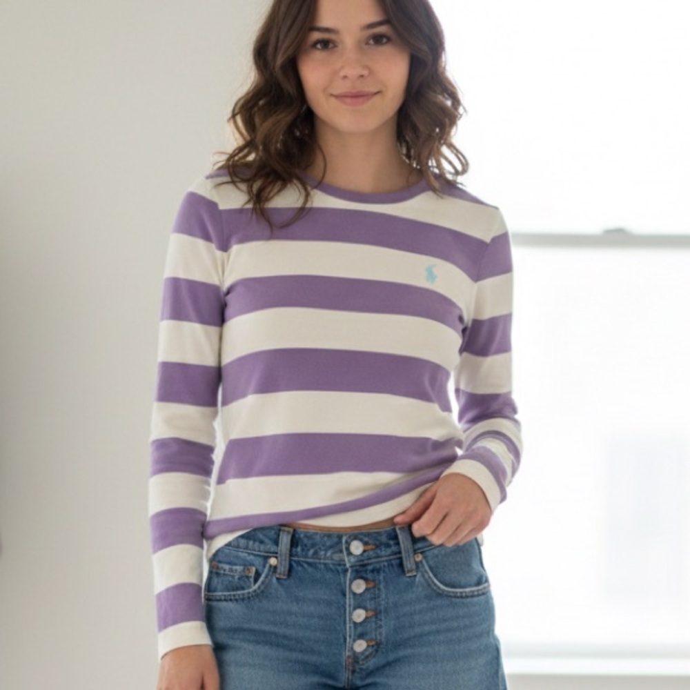 Ralph Lauren Purple and White Striped Long Sleeve Tee